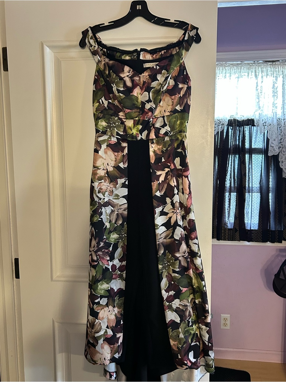 Kay Unger Floral High-Low Off-Shoulder Dress in Green and Black